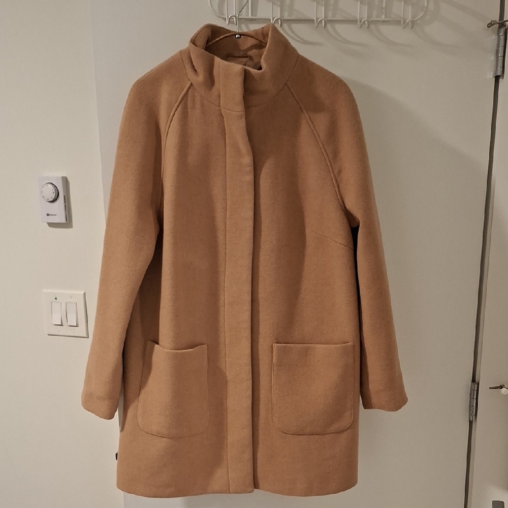 M&S Women's Classic Camel Wool Funnel-neck Overcoat (Size EU 42; US 10-12/L)